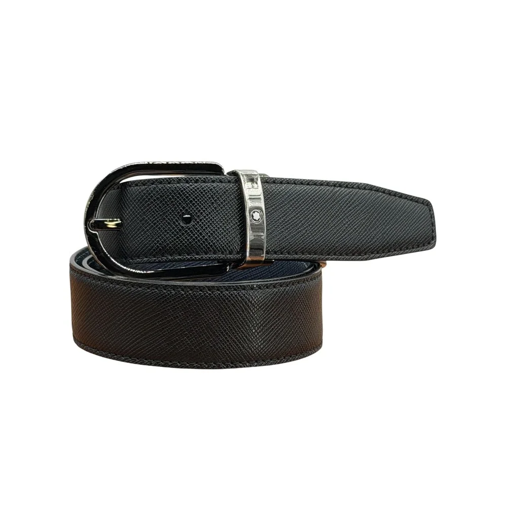 Montblanc Horseshoe Buckle Belt Mens SZ 28 Black Blue Reversible Leather Classic